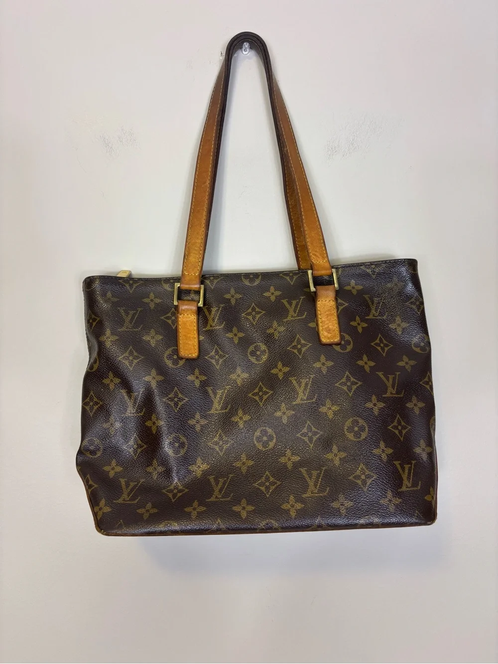 Louis Vuitton Monogram Leather Tote with Tan Straps - small tear